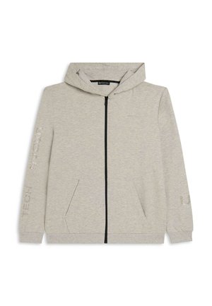 Felpa con cappuccio grigio chiaro, con zip nera, due tasche frontali e testo stampato sulla manica sinistra. Realizzata in tessuto morbido.