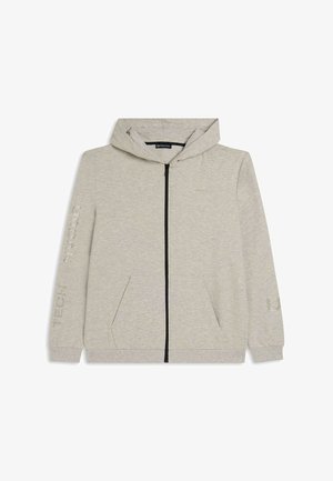 Felpa con cappuccio grigio chiaro, con zip nera, due tasche frontali e testo stampato sulla manica sinistra. Realizzata in tessuto morbido.