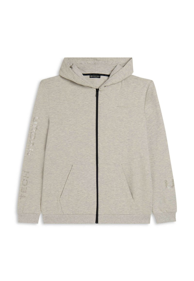 Felpa con cappuccio grigio chiaro, con zip nera, due tasche frontali e testo stampato sulla manica sinistra. Realizzata in tessuto morbido.