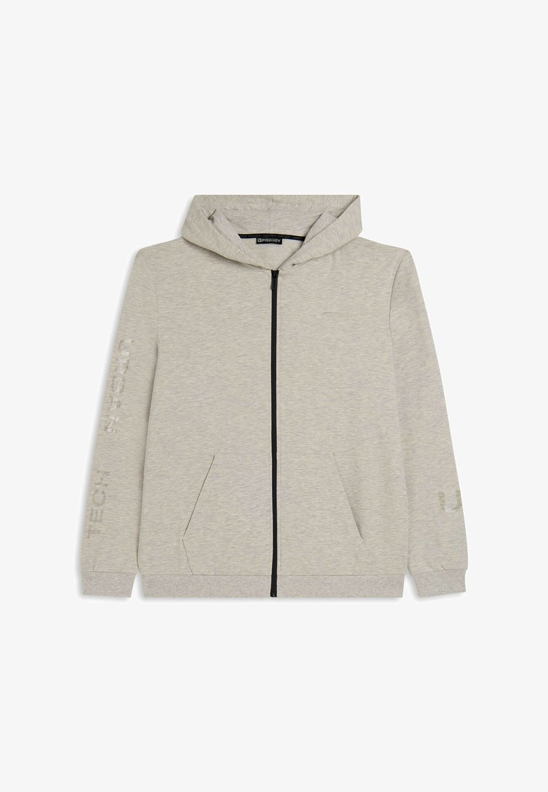 Felpa con cappuccio grigio chiaro, con zip nera, due tasche frontali e testo stampato sulla manica sinistra. Realizzata in tessuto morbido.