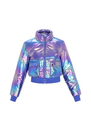 Veste courte en duvet irisé avec un col haut, fermeture éclair, deux poches avant et des poignets et un ourlet élastiqués dans des teintes de violet et de bleu.