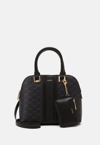 Černá strukturovaná kabelka s vzorovaným povrchem, zlatými kovovými doplňky, dvojitými uchy a odnímatelnou kapsičkou na mince, která vyniká elegantním designem a jemnou texturou.