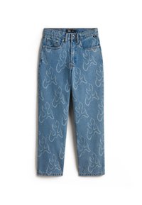 Lichtblauwe denim jeans met vlampatronen in een lichtere tint, voorzien van een klassieke vijfzak ontwerp en een rechte pasvorm.
