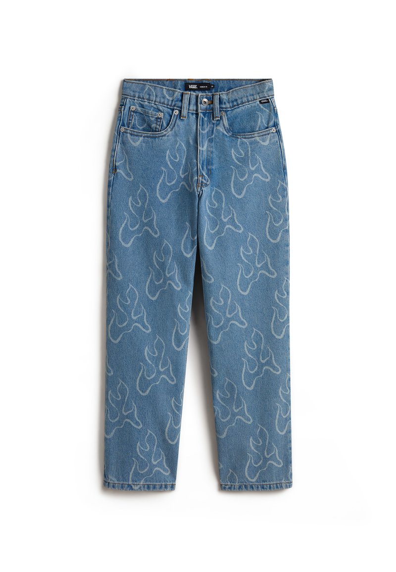 Lichtblauwe denim jeans met vlampatronen in een lichtere tint, voorzien van een klassieke vijfzak ontwerp en een rechte pasvorm.