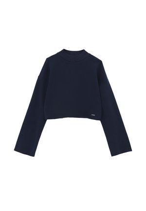 Maglione corto blu navy con scollo rotondo a coste e maniche lunghe e ampie. Presenta un'etichetta con marchio discreto sull'orlo. Tessuto morbido e senza trama.