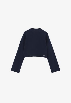 Granatowy krótki sweter z prążkowanym, okrągłym dekoltem i długimi, luźnymi rękawami. Na dole subtelna metka z logo. Miękka, gładka tkanina.