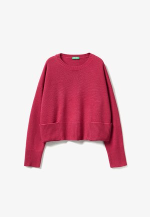 Felroze crop sweater met een ronde halslijn, geribbelde mouwen en een geribbelde onderrand. Gemaakt van een zachte, textuurstof voor extra comfort.