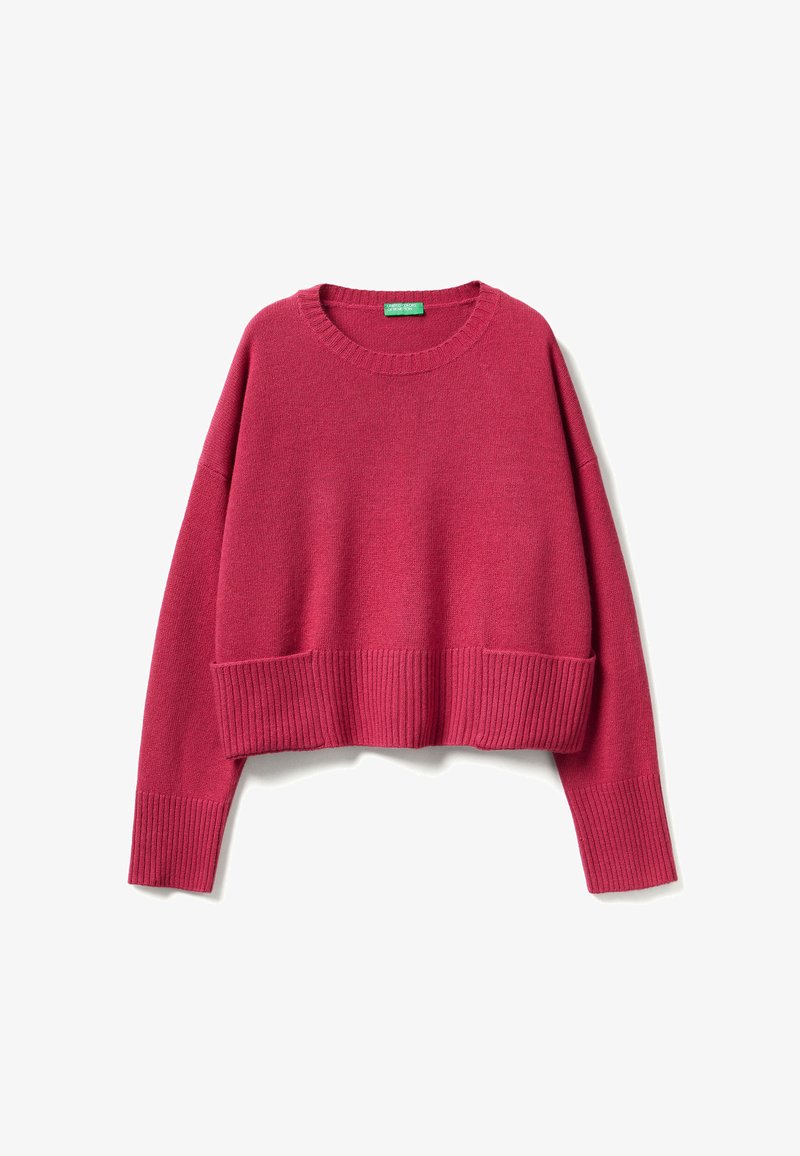 Helles pinkes, kurz geschnittenes Sweatshirt mit rundem Ausschnitt, gerippten Bündchen und Saum. Hergestellt aus weichem, strukturiertem Stoff für Komfort.