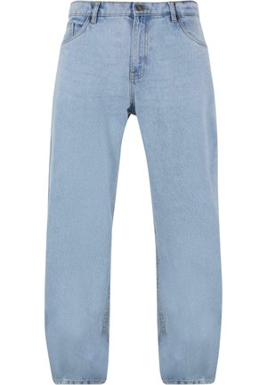 Lys blå denimjeans med et lige ben-design, der har fire lommer, en lynlås og detaljer i gul syning.