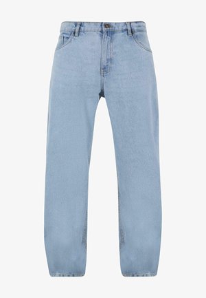 Jeans in denim azzurro chiaro con un design a gamba dritta, dotati di quattro tasche, chiusura con zip e dettagli in cucitura dorata.