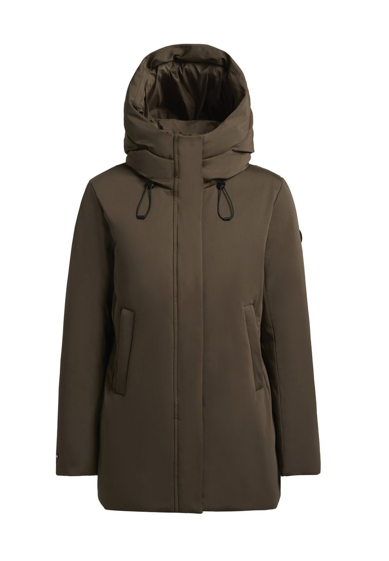 Bruine geïsoleerde parka met een hoge hoodie, voorrits, twee zijzakken en verstelbare trekkoorden. Glad buitenmateriaal.