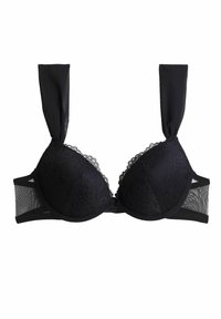 Černá krajková push-up podprsenka s kosticemi, s měkkými síťovanými boky a dekorativním krajkovým lemem na vrchu. Nastavitelné popruhy zavazující se na ramenou.
