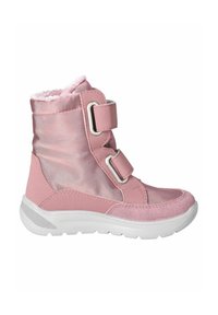 Botas de tobillo rosas con un upper brillante, doble tira de Velcro y forro suave y esponjoso; cuenta con una suela de goma con un agarre texturizado.