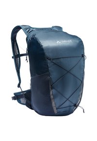 Sac à dos en nylon de couleur bleu foncé et au design épuré. Équipé de bretelles en mesh, d'un cordon élastique pour le matériel et d'un compartiment zippé.