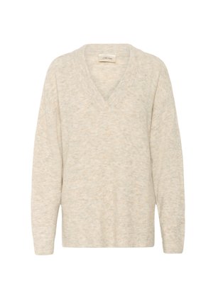 V-hals trui in zacht, lichtbeige breiwerk met een iets gestructureerde afwerking en lange mouwen. Etiket vermeldt "CREAM."