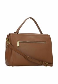 Borsa a mano in pelle marrone con un design strutturato, dotata di manico superiore, tracolla regolabile e tasca frontale con zip. Accenti in metallo dorato.