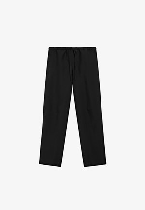 Pantalons noirs, à coupe ample, avec une taille élastique et un cordon de serrage. Comprend deux poches latérales et une texture lisse. Design décontracté.