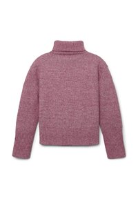 Strickpullover in zartem Rosé mit hohem Rippkragen, langen Ärmeln und geripptem Saum. Weiche Textur mit einem gemütlichen Aussehen.