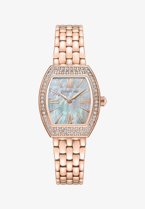 Roze gouden horloge met een gebogen kast, parelachtige wijzerplaat, Romeinse cijfers en kristalaccenten. Geweven metalen armband met een gelinkte ontwerp.