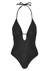 Maillot de bain noir une pièce avec lien autour du cou, décolleté en V profond, détail découpé au niveau de la poitrine et jambes hautes pour une silhouette élancée.