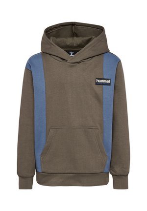 Hoodie in olijfgroen met blauwe zijpanele, vooraan een kangaroo-zak en een wit logo-opdruk. Zachte stof met ribbelmanchetten.