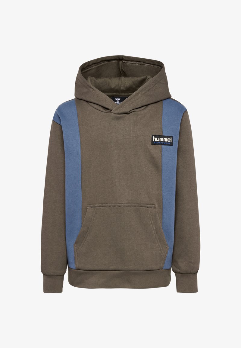 Sweat-shirt à capuche en vert olive avec des panneaux latéraux bleus, poche kangourou à l'avant et patch logo blanc. Tissu doux avec des poignets côtelés.