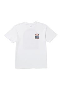 White short-sleeve t-shirt featuring a small, multicolored graphic of a sunset and palm trees in an arched design on the left chest area.