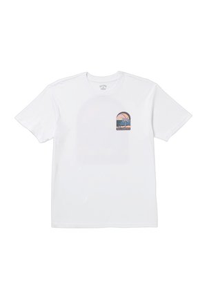 White short-sleeve t-shirt featuring a small, multicolored graphic of a sunset and palm trees in an arched design on the left chest area.