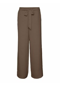Pantalons larges marron en tissu texturé, avec une ceinture nouée et une coupe ample pour le confort et la liberté de mouvement.