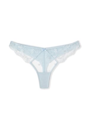 Tanga de encaje azul claro para mujer con bordado floral y un pequeño lazo centrado en la parte delantera de la cintura.