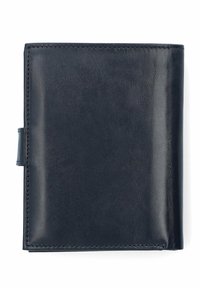 Czarny skórzany portfel o gładkiej teksturze, z designem typu bi-fold i widocznymi detalami zszycia wzdłuż krawędzi. Zawiera zapięcie na zatrzask po bokach.