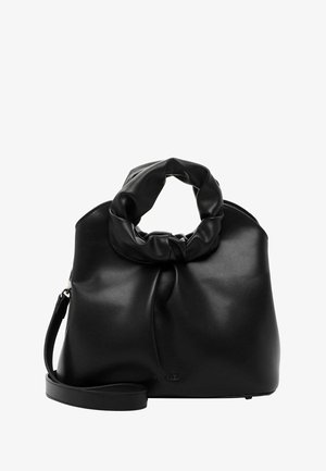 Juodas odinis rankinukas su minkštu, susiraukšlėjusiu viršutiniu rankenėle. Yra nuimama dirželis ir lygi tekstūra, be matomų metalinių detalių.