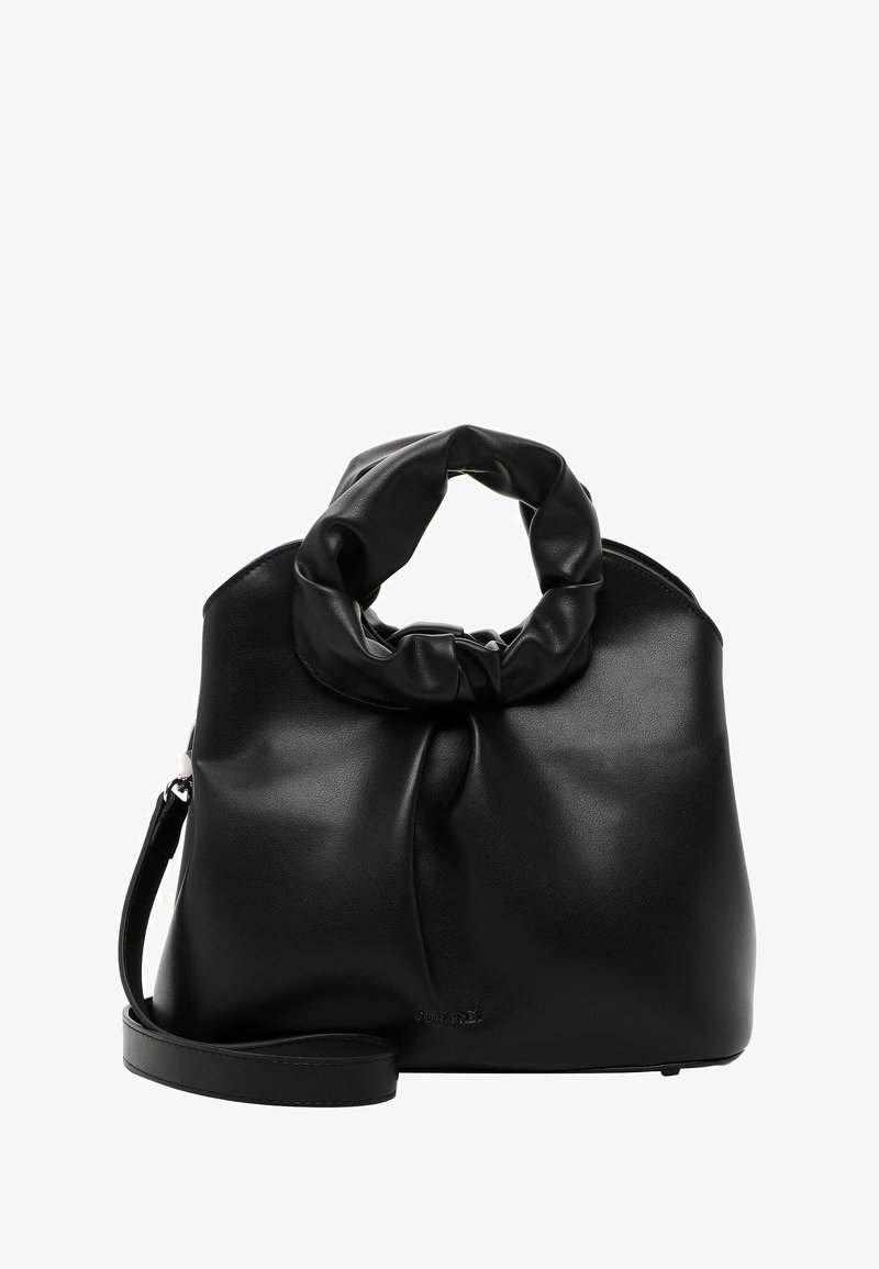 Czarna skórzana torba na ramię z miękkim, marszczonym uchwytem. Posiada odczepiany pasek i gładką teksturę, bez widocznych elementów metalowych.