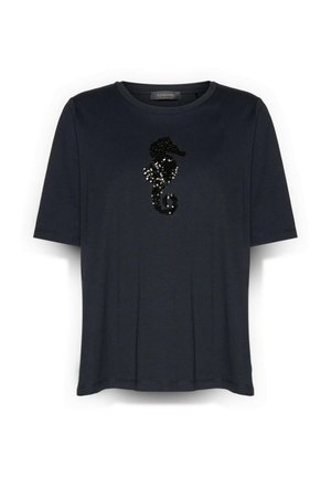 Zwart T-shirt met korte mouwen en een ronde hals met een zwart pailletten zeepaardjesontwerp in het midden van de borst.