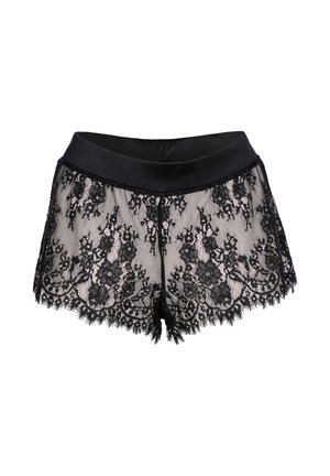Shorts neri in pizzo con una cintura in satin, motivi floreali in pizzo e bordi scallopati, dal tessuto trasparente e design aderente.
