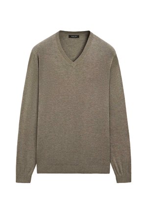 Pull tricoté pour homme vert olive à col en V et manches longues, avec poignets et ourlet côtelés, présenté sur un fond blanc uni.