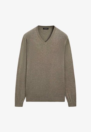 Maglione da uomo verde oliva a maglia con scollo a V e maniche lunghe, con polsini e orlo a costine, mostrato su uno sfondo bianco semplice.