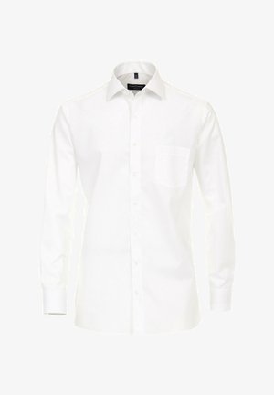 Herrenhemd mit langen Ärmeln in Weiß, mit Knopfleiste, spitzem Kragen und Brusttasche, auf weißem Hintergrund präsentiert.