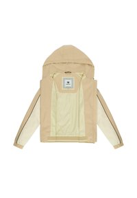 Veste beige à capuche avec manches crème et rayures noires, affichée ouverte pour montrer la doublure intérieure crème clair et l'étiquette de la marque Ragwear.