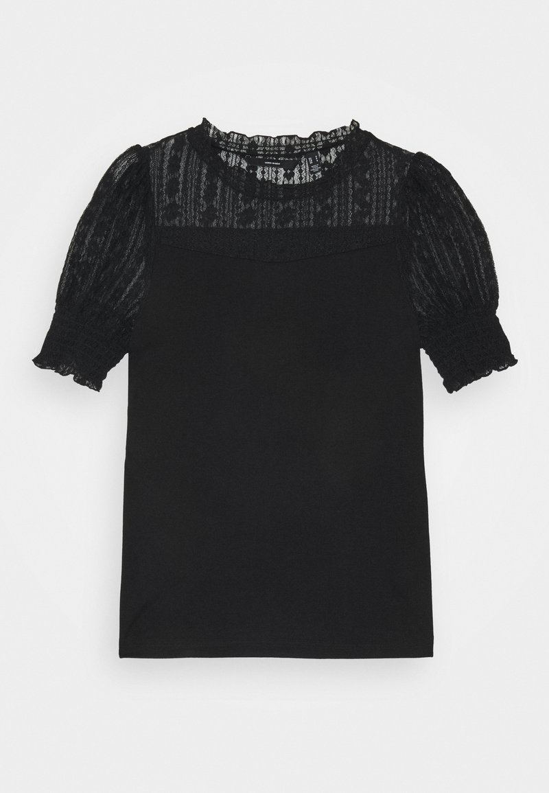 Top negro de manga corta con diseño de yugo de encaje texturizado y mangas abullonadas, con un cuello redondo y un cuerpo de tela suave.