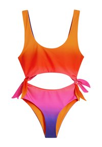 Maillot de bain deux pièces avec un dégradé allant de l'orange au rose. Il dispose de larges bretelles, de nœuds noués sur les côtés, et d'une coupe haute au niveau des jambes.