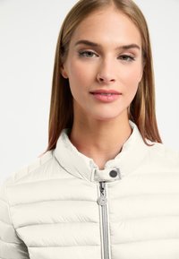 Jasnoszara kurtka puchowa z wysokim kołnierzem, pikowanym wzorem i srebrnym zamkiem błyskawicznym. Posiada okrągłe logo w pobliżu uchwytu zamka.