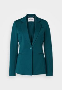 Teal kvinno-single-knapp blazer med slagkragar, två framfickor med slitsar och en skräddarsydd passform på en vit bakgrund.