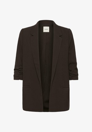 Mørkebrun blazer med en afslappet pasform, lange ærmer og optrukne manchetter. Har en spidse revers, åben front og to sidelommer.