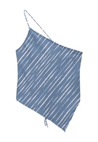Asymmetrisches blaues Oberteil mit weißen diagonalen Streifen, aus leichtem Stoff gefertigt, mit verstellbaren Spaghettiträgern und einem Kordelzugsaum.