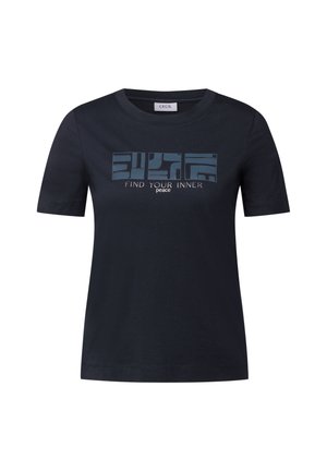 Zwarte katoenen t-shirt met korte mouwen en een ronde halslijn, met een blauw grafisch ontwerp en de tekst "VIND JE INNERLIJKE VREDIGE".