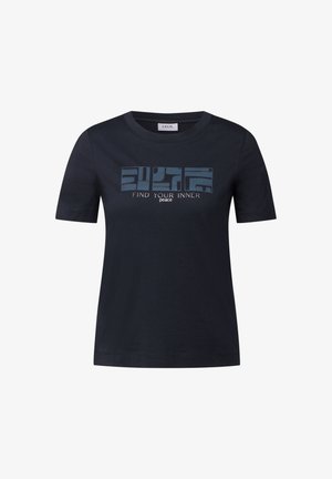 Black cotton t-shirt featuring short sleeves and a round neckline, with a blue graphic design and text "FIND YOUR INNER peace."