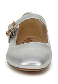 Silver Mary Jane shoe with a rounded toe, smooth shiny leather, and a decorative buckle on the strap. Classic design with minimal accents.