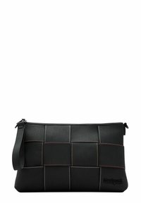 Black woven clutch bag with varying textured panels and contrasting stitch accents. Features a zipper closure and an adjustable strap.