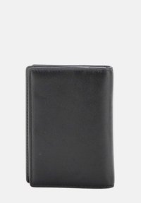 Portafoglio in pelle nera con texture liscia, design pieghevole a due scomparti e angoli arrotondati. Presenta una cucitura dettagliata lungo i bordi.
